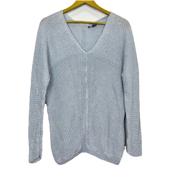 Vince Womens V Neck Open Knit Linen Sweater Size M Light Blue Old Money Beachy - Picture 1 of 6